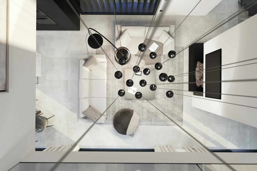 Widok z lotu ptaka na salon o nowoczesnym designie