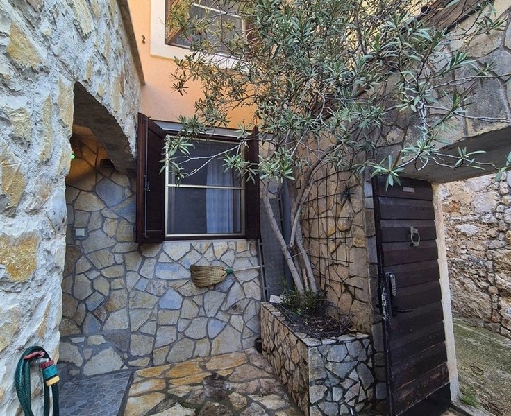 Mały dziedziniec z kamiennym murem i drzewem oliwnym, a także drzwiami wejściowymi.