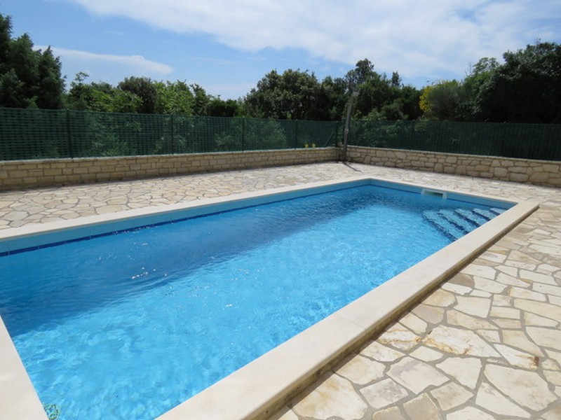 Odkryty basen z tarasem wyłożonym kafelkami i zielonym tłem.