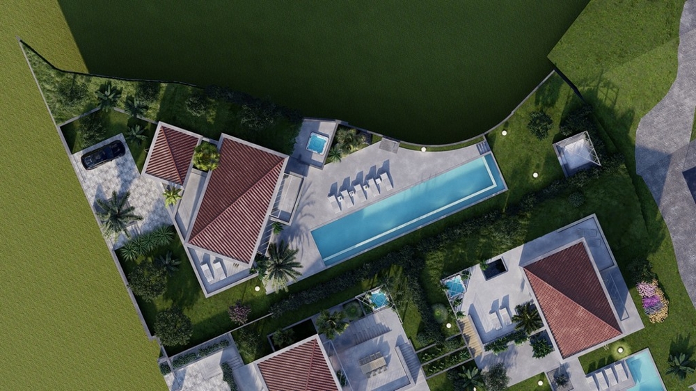 Widok z lotu ptaka na Willę H3473 w Chorwacji z widokiem na dach i basen.