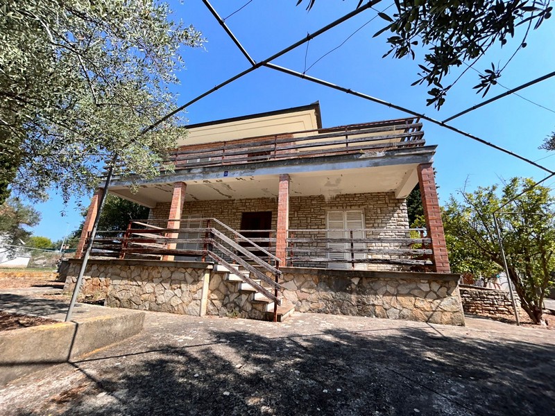 Wygląd zewnętrzny domu z dużym tarasem i drzewami oliwnymi