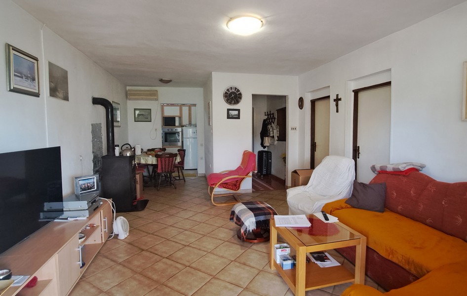 Salon z jadalnią i kuchnią w tle.