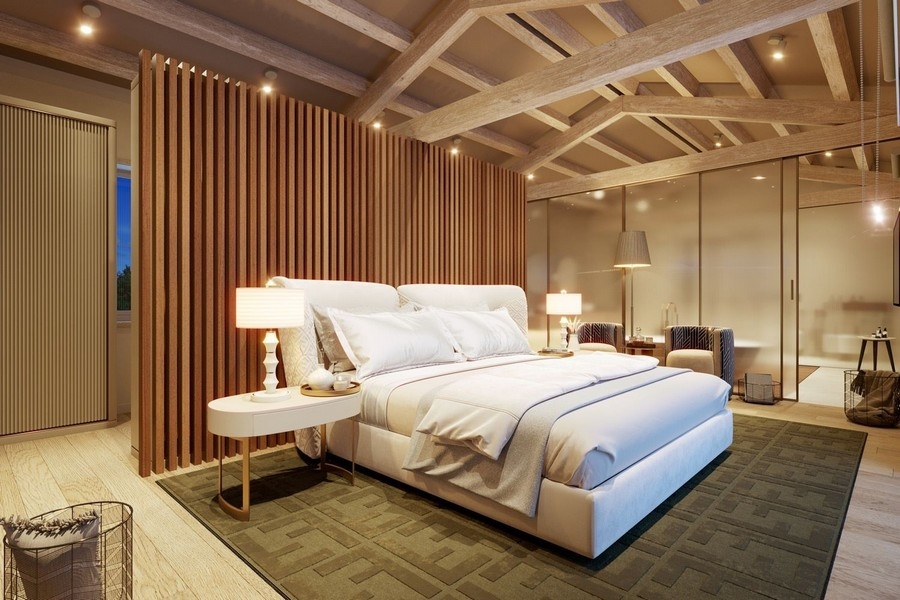 Sypialnia z wysokiej jakości meblami i oświetleniem