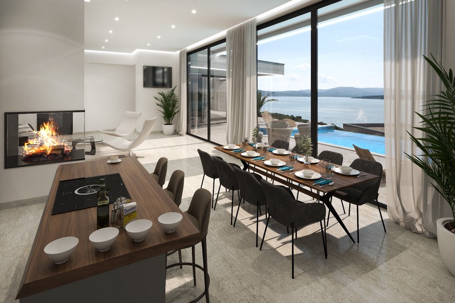 Część dzienna z widokiem na morze i kominkiem