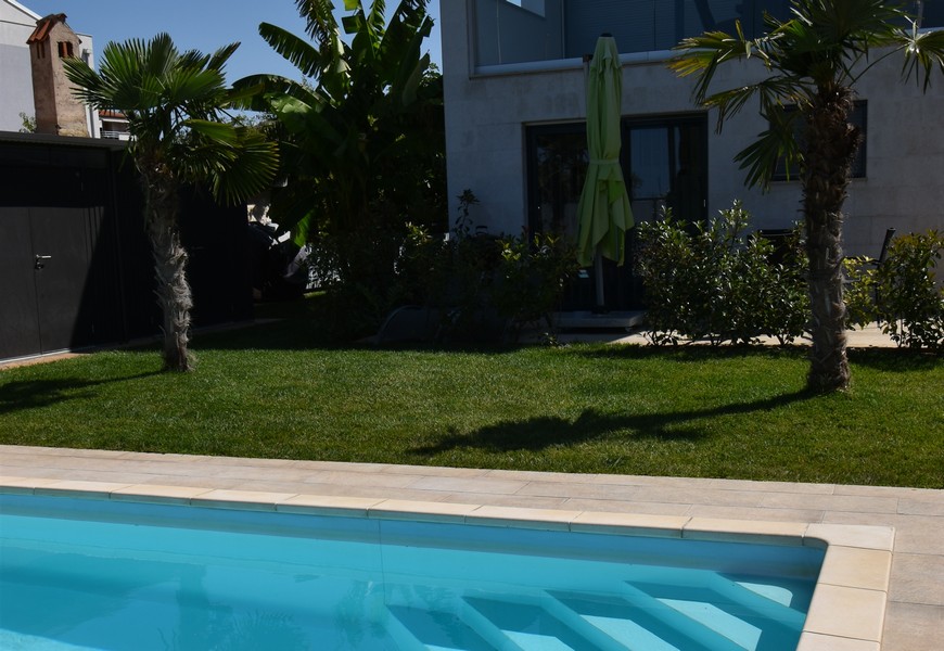 Teren basenu z palmami i trawnikiem