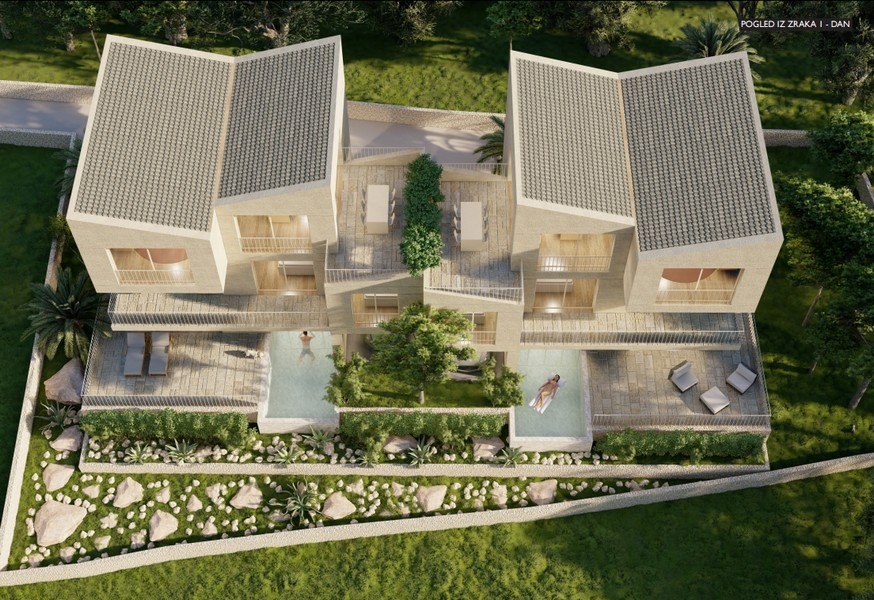 Wizualizacja architekta nowoczesnego domu bliźniaczego z basenem, widok dzienny po przekątnej powyżej