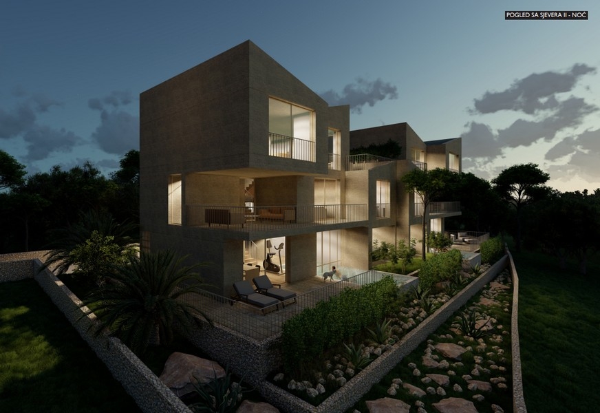 Widok nocny z oświetleniem, nowoczesna willa z garażem i basenami