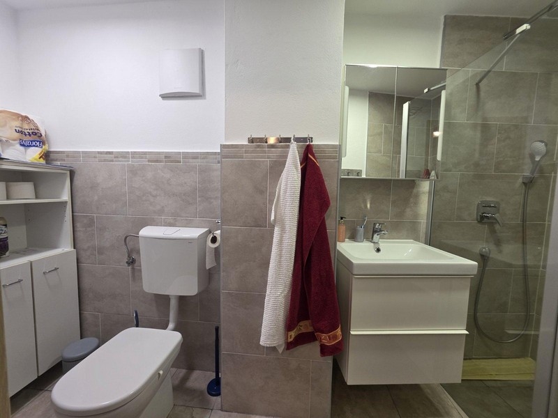 Nowoczesna łazienka z prysznicem, toaletą i umywalką