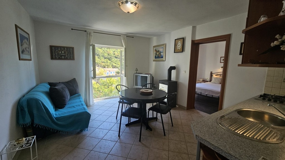 Część dzienna z sofą, stołem jadalnym i aneksem kuchennym