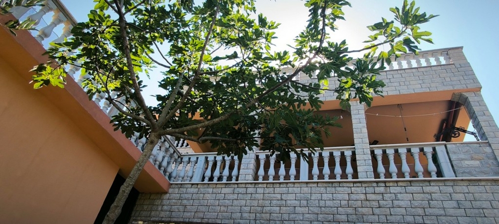 Fasada domu z balkonem i drzewem na pierwszym planie