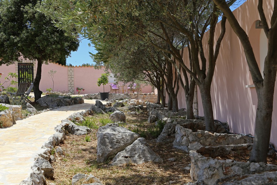 Ścieżka ogrodowa z drzewami i kamieniami naturalnymi obok domu