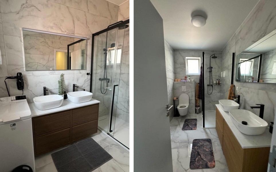 Nowoczesna łazienka z prysznicem i podwójną umywalką