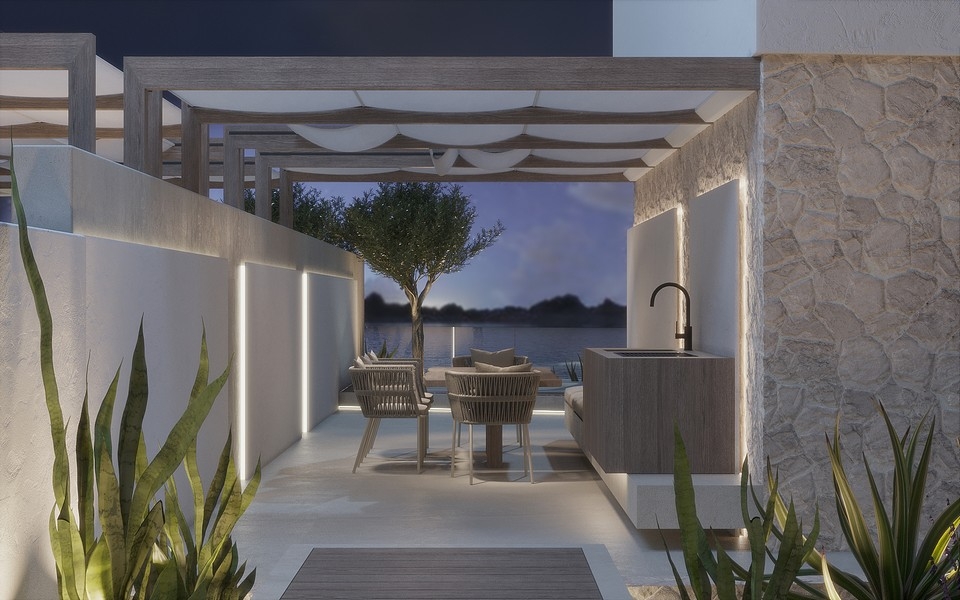 Nowoczesny teren zewnętrzny nieruchomości H3723 nad morzem w Sukosan.