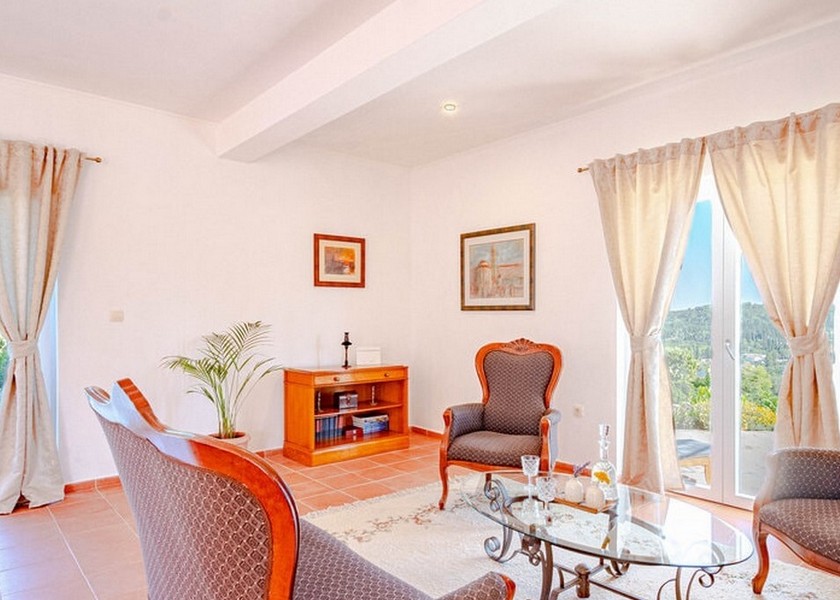 Część dzienna z klasycznymi meblami i widokiem na ogród