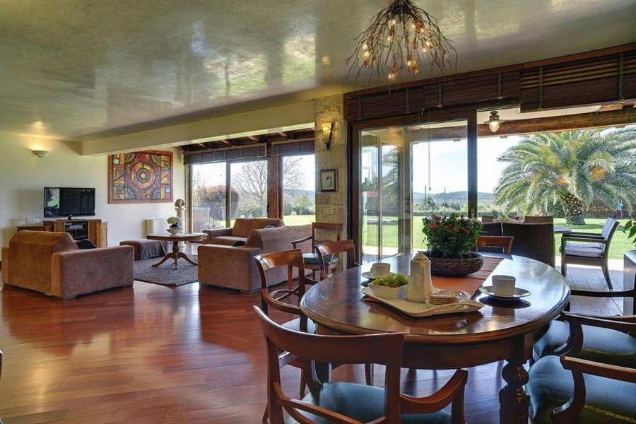 Otwarty salon i jadalnia z widokiem na taras i palmy