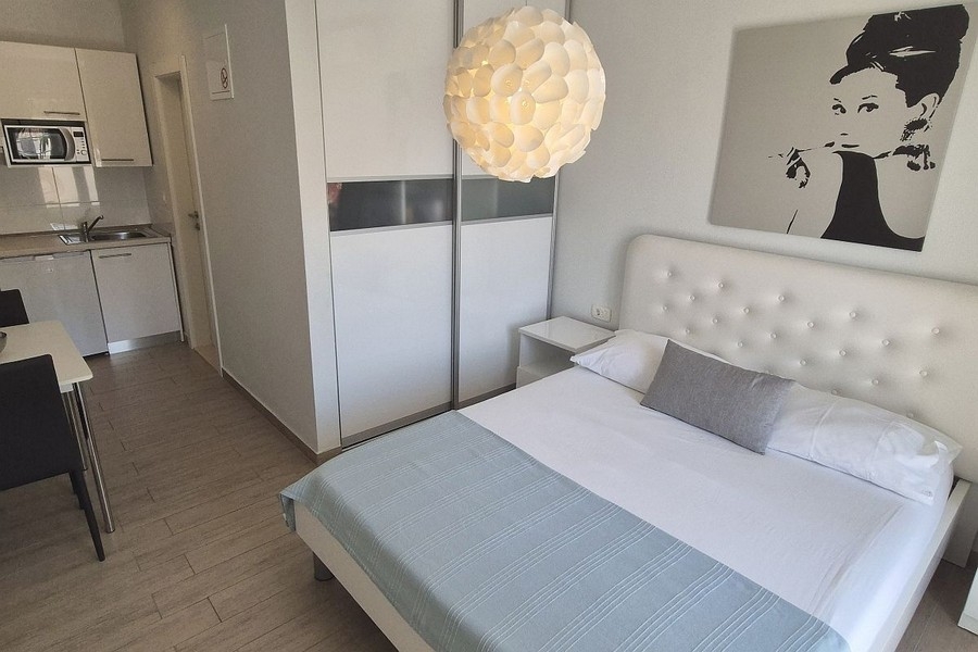 Nowoczesne studio z podwójnym łóżkiem i aneksem kuchennym