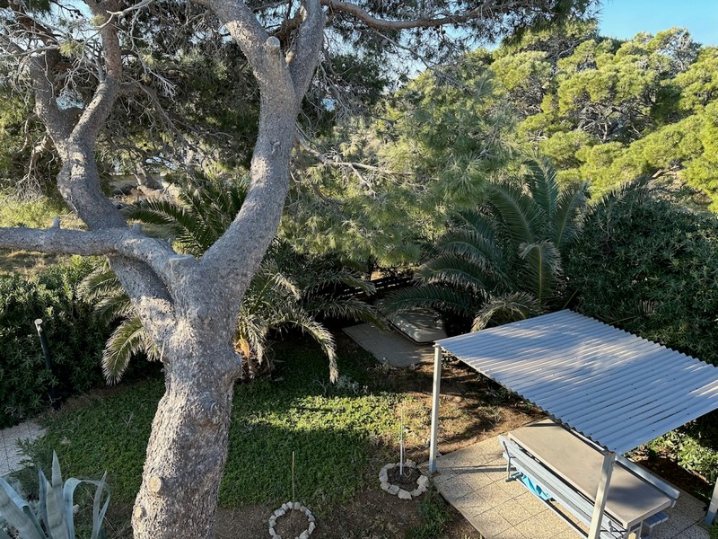 Ogród z roślinami śródziemnomorskimi i zacienioną częścią wypoczynkową na świeżym powietrzu