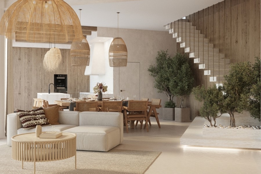 Stylowa część dzienna z otwartą galerią i designerskim oświetleniem