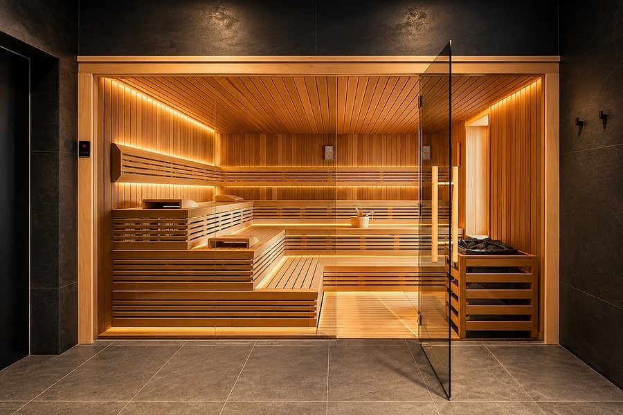 Sauna z drewnianymi panelami